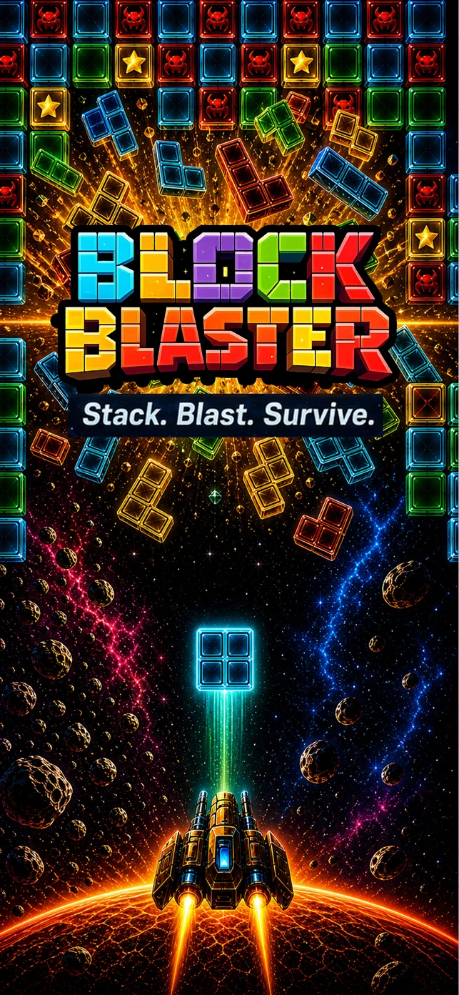 Block Blaster title screen β Stack. Blast. Survive. β a spaceship fires a glowing block up into a wall of colorful gem blocks and falling pieces