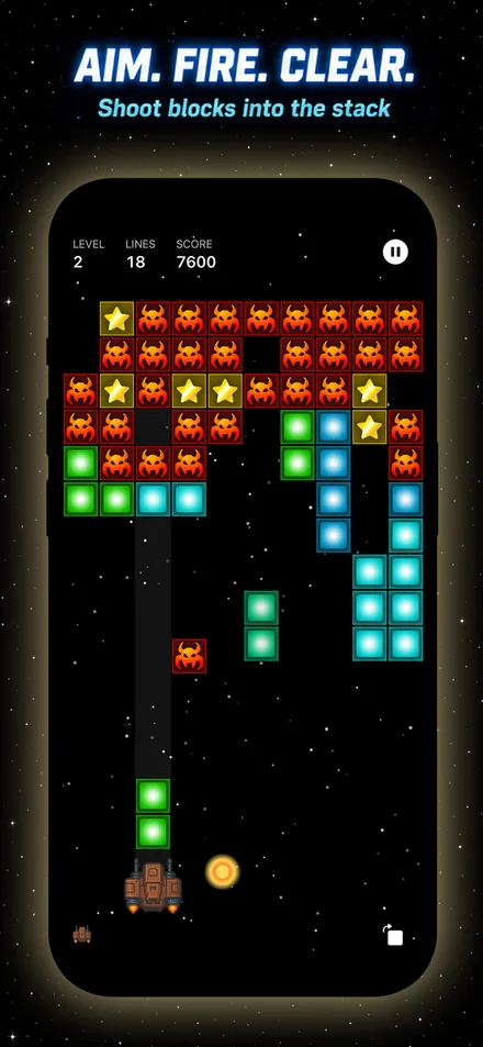 Gameplay under the headline Aim. Fire. Clear. β the ship at the bottom fires into a stack of red demon blocks, stars and glowing tiles, with level, lines and score at the top