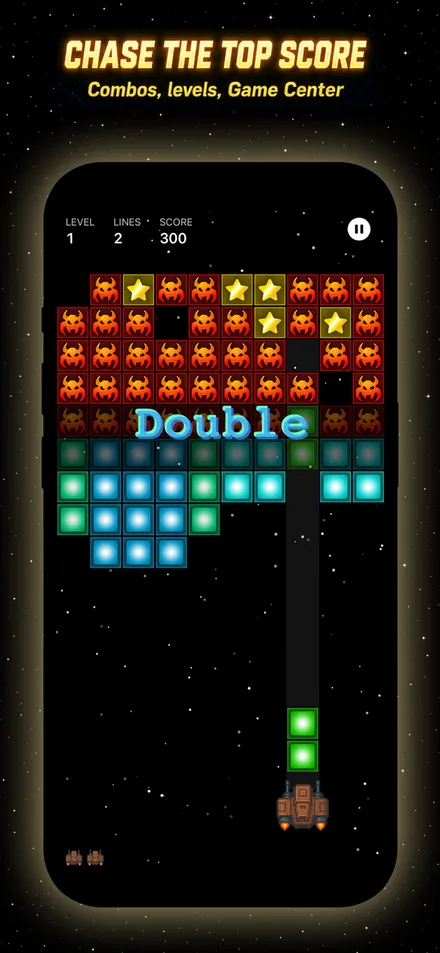 A Double combo banner stretches across a tall block stack mid-run, with level, lines and score in the top corner
